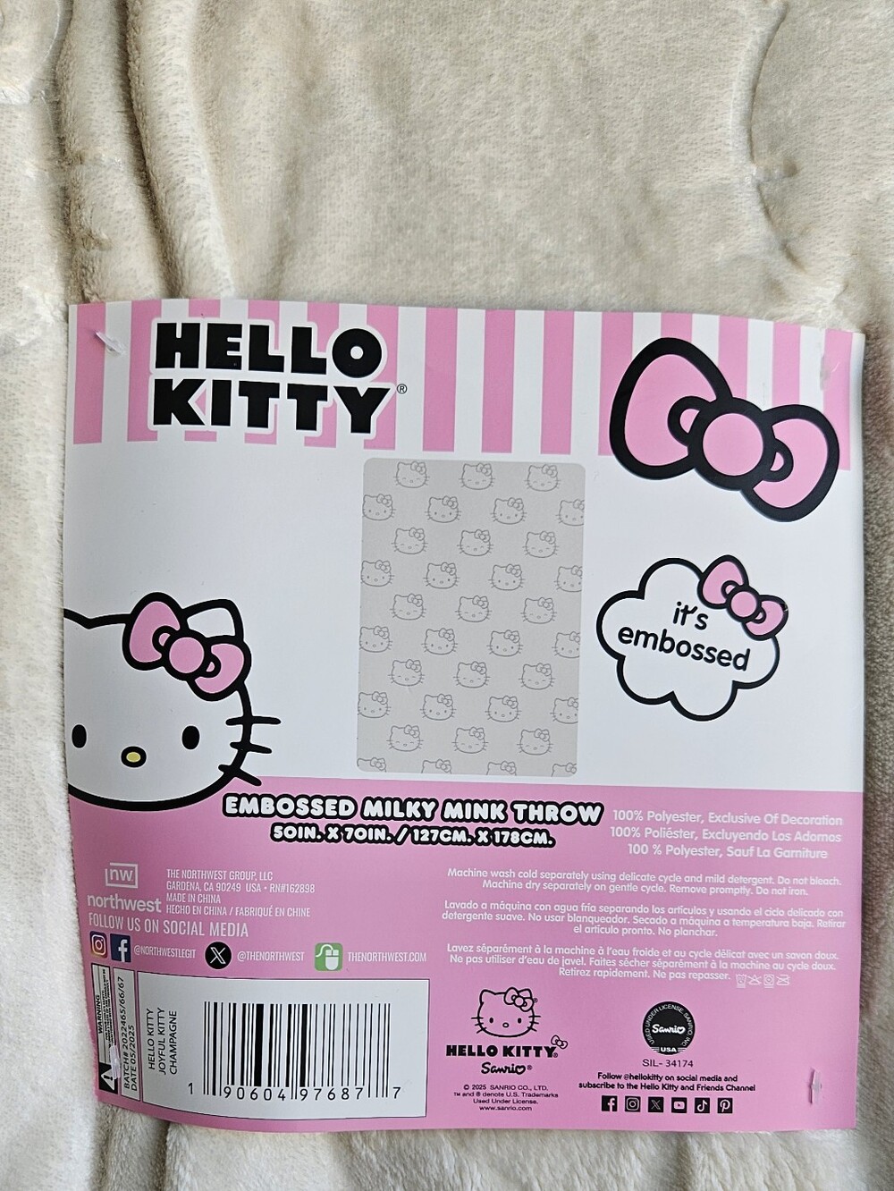 Hello Kitty Cream Embossed Plush One-Piece Blanket for Kids